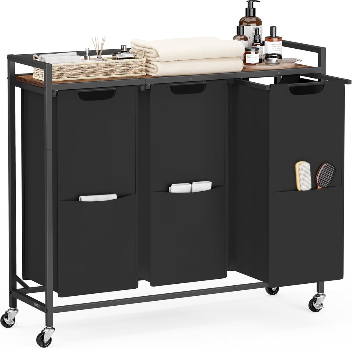 VASAGLE Wassorteerder, 43,5 Gal. (165 L) Wasmand met 3 compartimenten, rolkar met wielen, plank, verwijderbare zakken, zakken, inktzwart en rustiek bruin BLH031B01