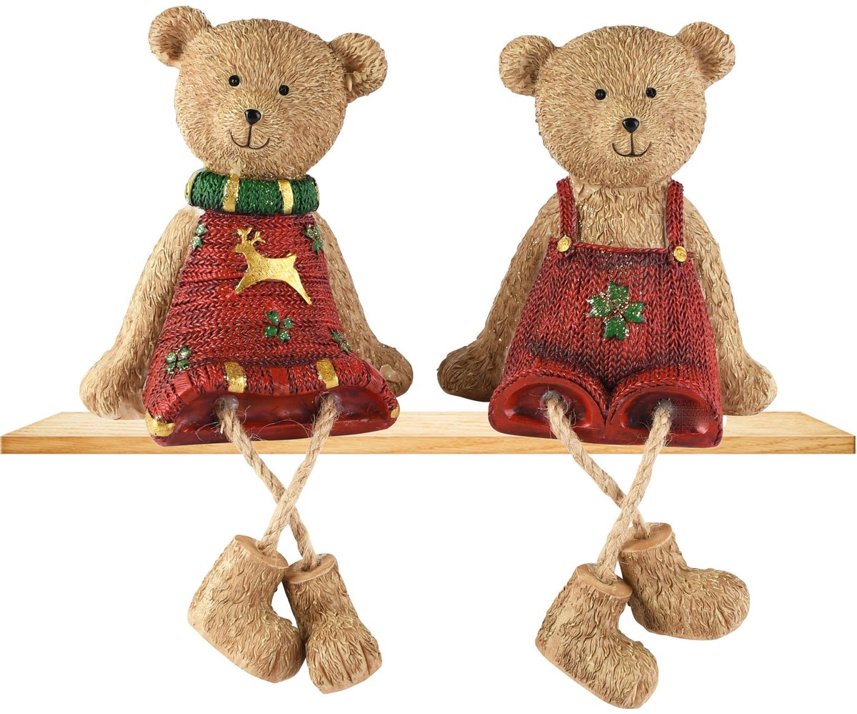 Dekoratief | Beertje zittend m/hangbenen, bruin/rood, resina, 10x6x12cm, set van 2 stuks | A265856