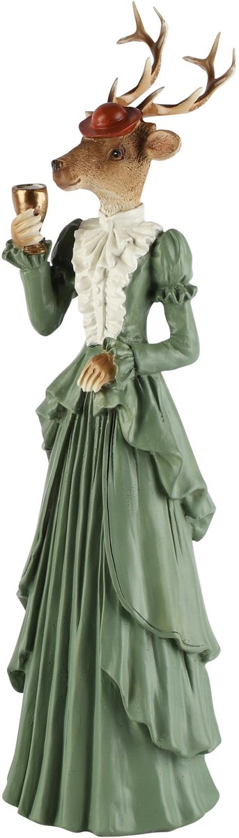 Dekoratief | Hert dame staand m/wijnglas, groen, resina, 11x10x36cm | A265413