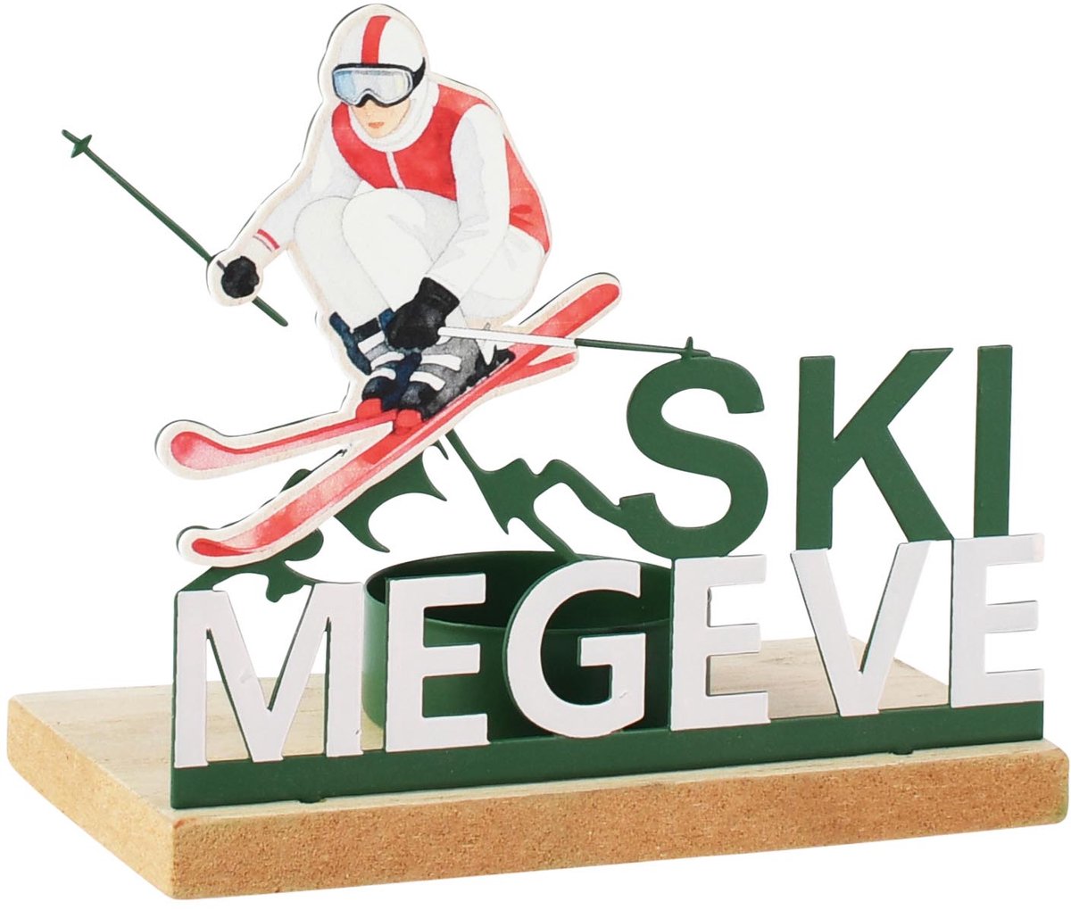 Dekoratief | Theelichthouder 'Ski Megeve', metaal/hout, 11x6x10cm | A265247
