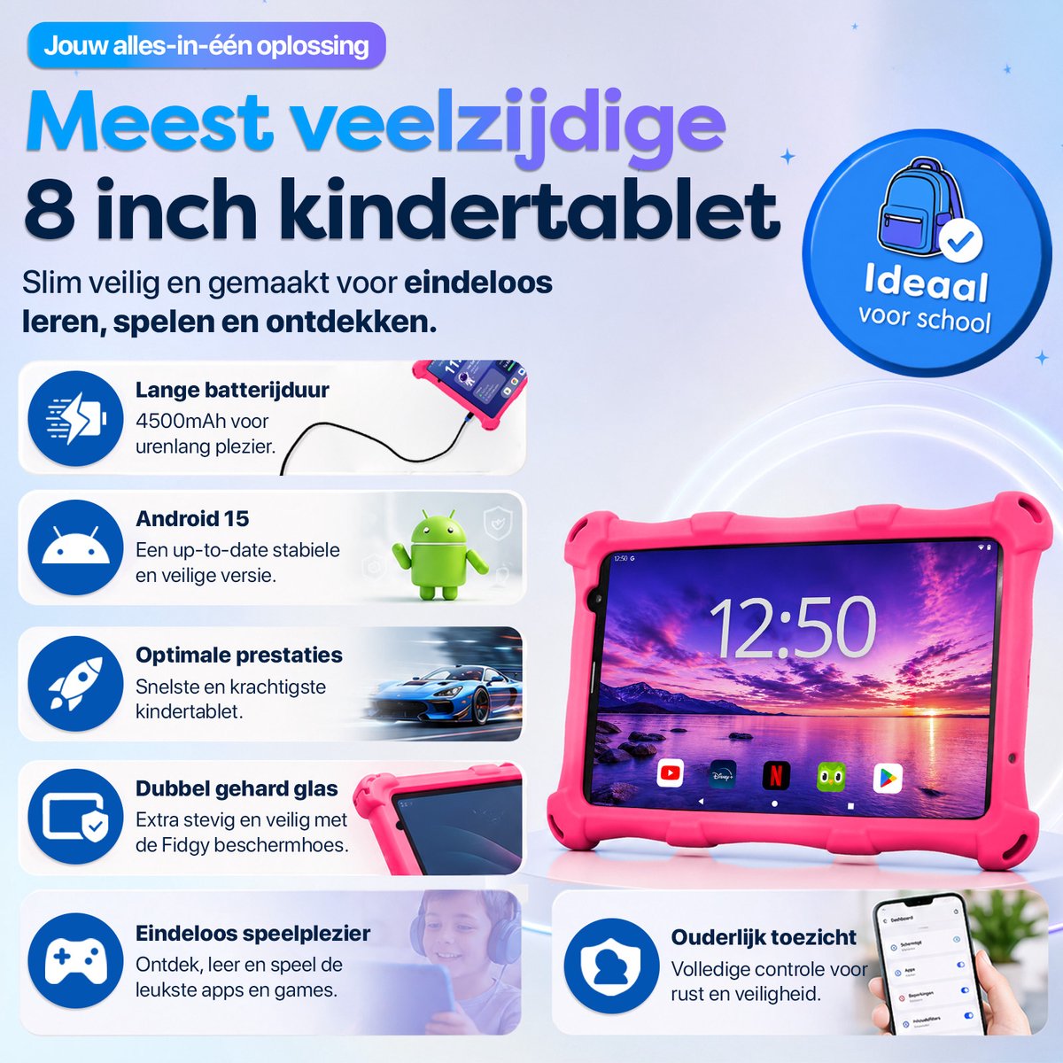 AngelTech Kindertablet PRO MAX - Android 15 - 4+3GB RAM - 64+64 GB - Snelle 8 Inch Kindertablet - Vanaf 3 Jaar - Perfect Voor School - Ouderlijk Toezicht - Ook Voor Volwassenen - 360° Fidgy Beschermhoes - Roze – foto 5