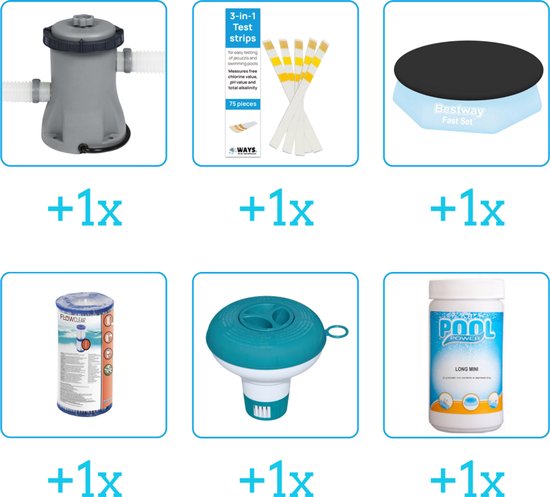 Set van 6 zwembadartikelen: filterpomp, teststrips, afdekking, filter, chloordrijver en chloortabletten.