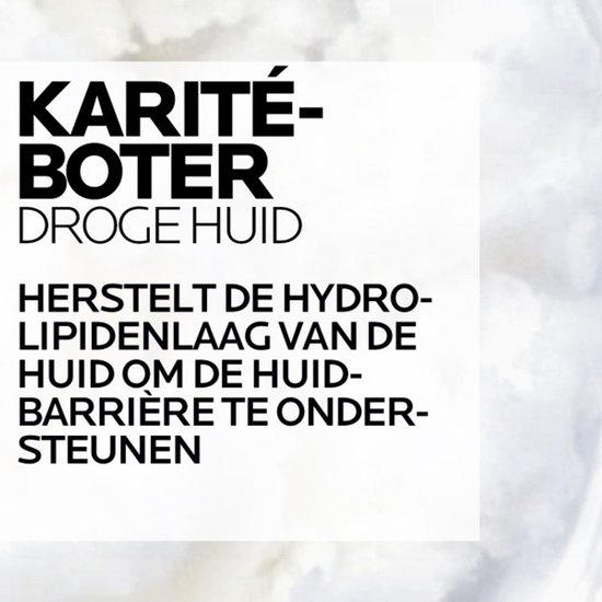 Tekst "KARITÉ-BOTER DROGE HUID, HERSTELT DE HYDRO-LIPIDENLAAG VAN DE HUID OM DE HUID-BARRIÈRE TE ONDERSTEUNEN" op marmeren achtergrond.