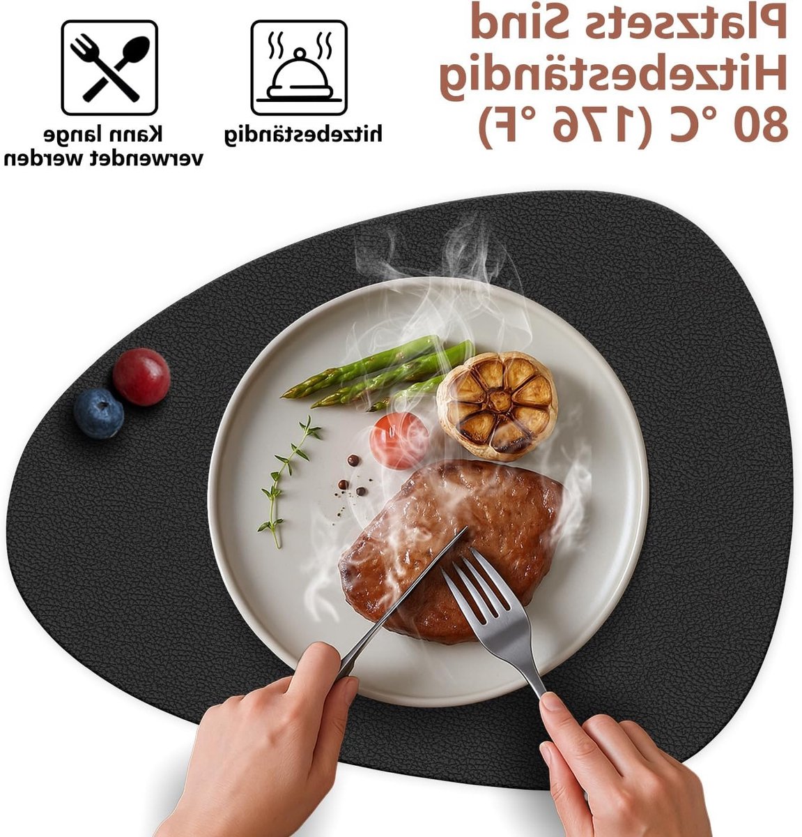 Set van 6 Ovale Leren Onderzetters en Placemat, Dubbelzijdig, Wasbaar, Antislip, Zwart