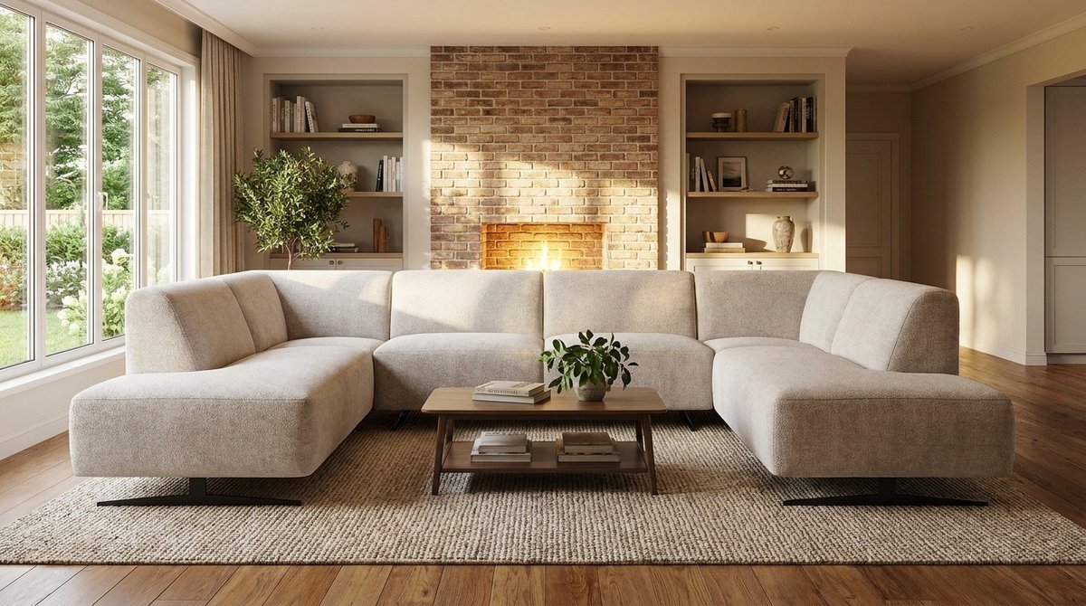 U-Bank 5-Zits – House&Garden Rodano Elite Hoekbank XXL – Naturel Chenille – Moderne Design U Bank met Zwart Metalen Poten – Luxe Loungebank voor Woonkamer – 344x210x75 cm