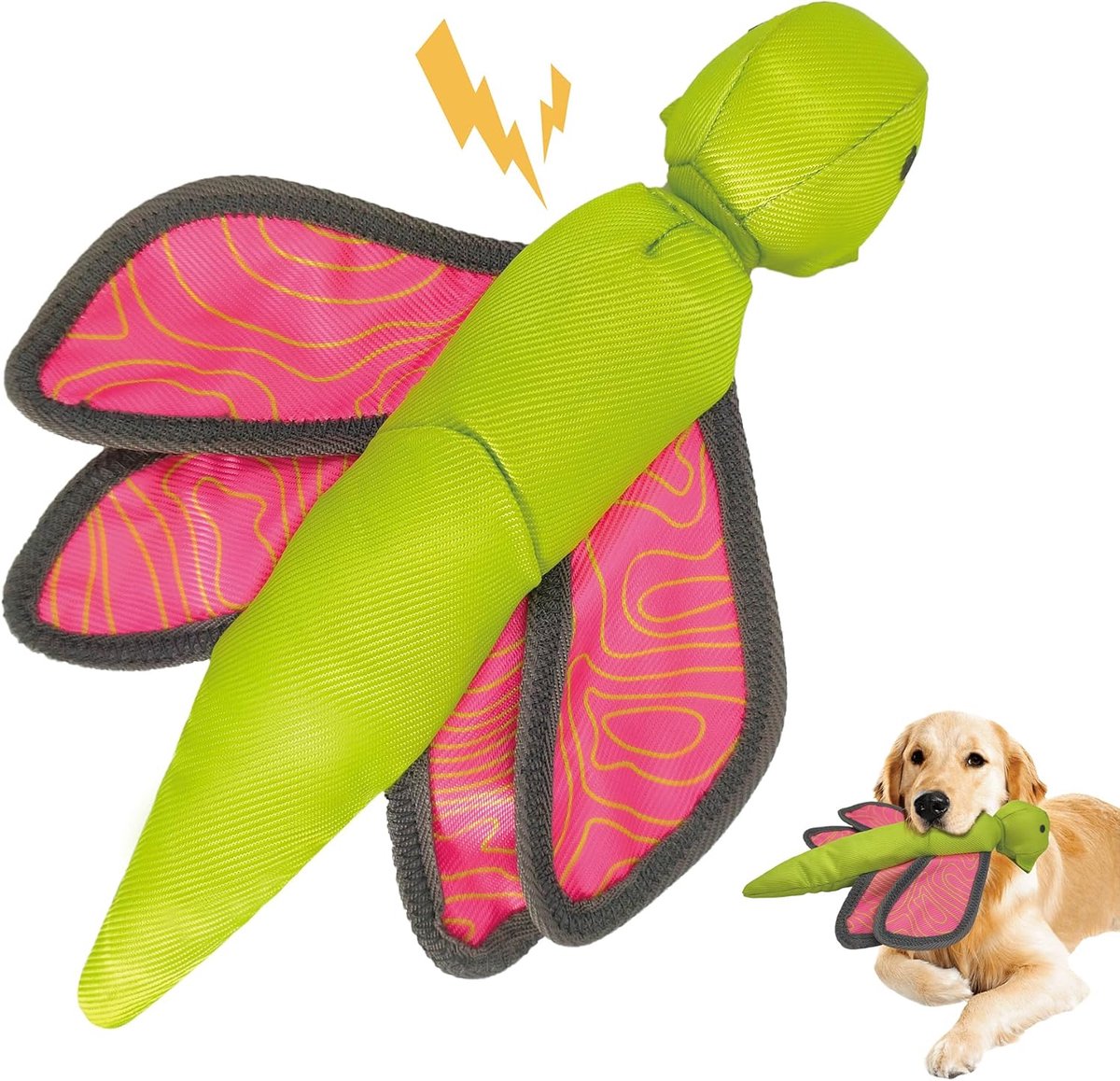 1 Huisdierspeelgoed - 30×22×7cm - Roze en groene libelvorm - Katapult-achtig achtervolgen, vangen, trainen - Ingebouwd knisperpapier - Geschikt voor middelgrote tot grote honden - Groen, roze