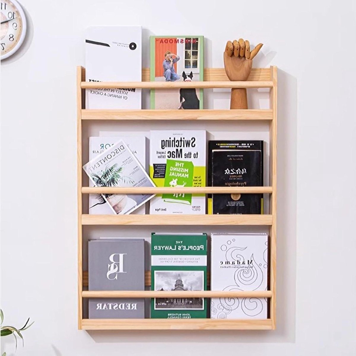 Houten tijdschriftenrek - Wandrek boekenkast - Documenten presenteren - Stevig massief hou