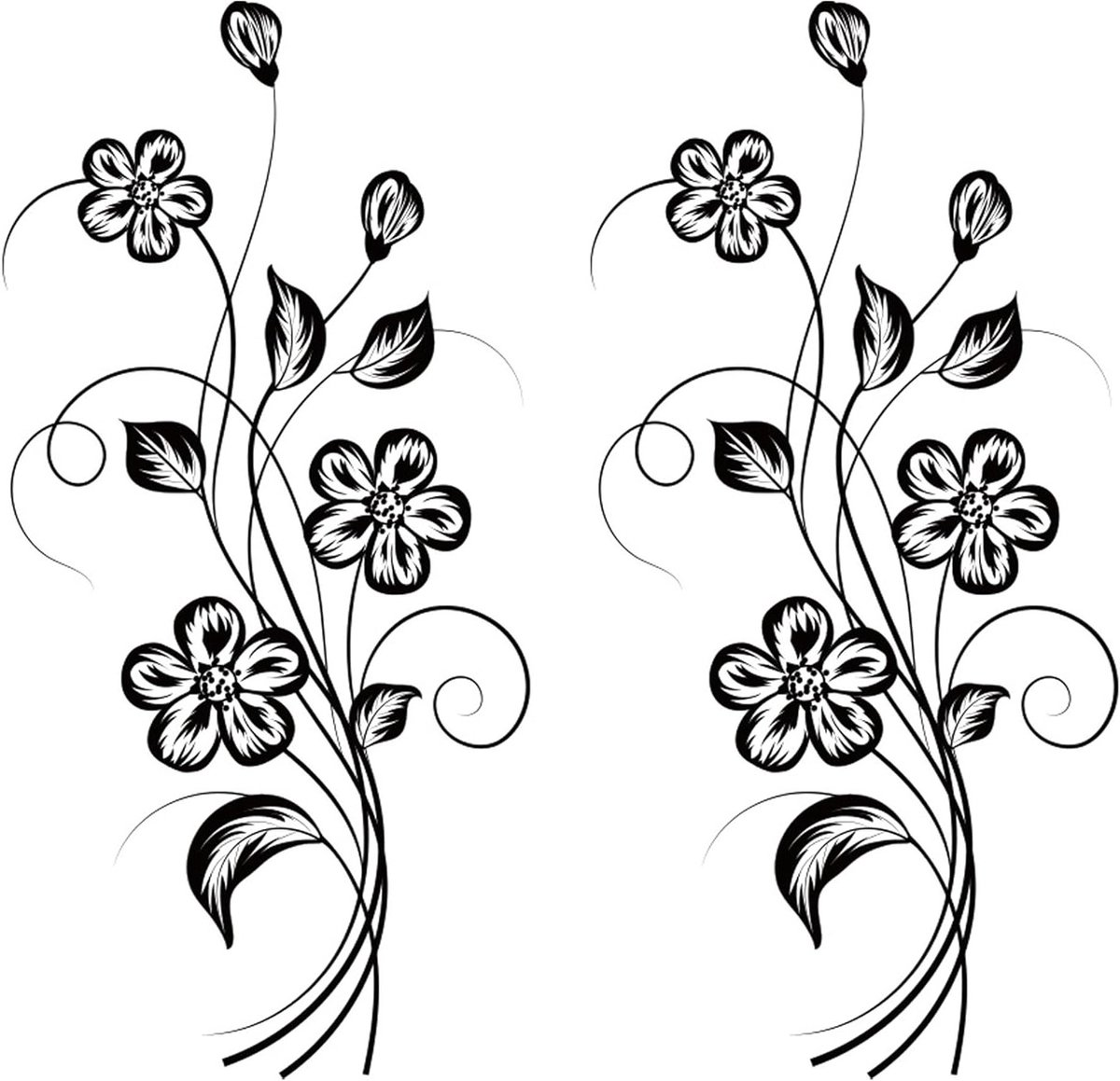 Muurstickers Zwarte Bloemen voor Wanddecoratie - 2 Stuks Plakstickers, Bloemen en Klimop, Fotobehang voor Woonkamer en Slaapkamer - 57 x 26 cm
