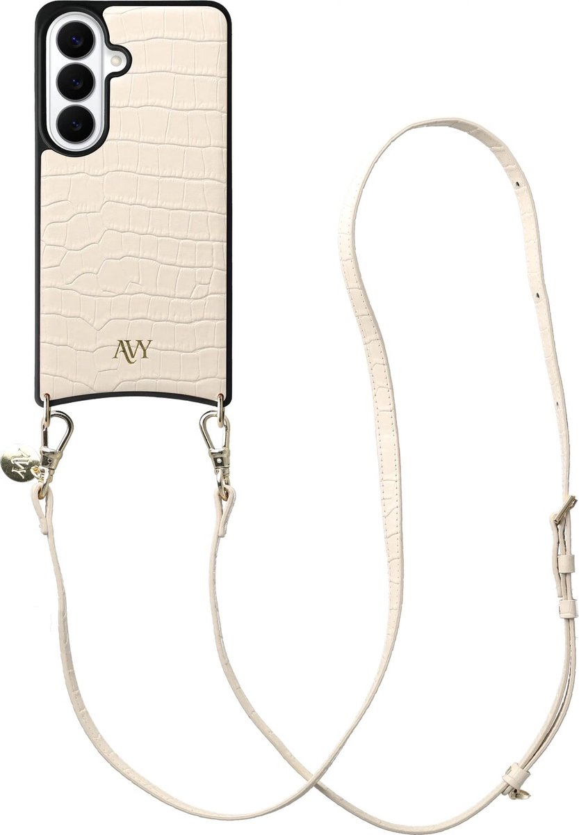 AVY Leren Hoesje Geschikt voor Samsung Galaxy S26 Plus | Compatibel met MagSafe | Leather Case met Telefoonkoord | Crossbody | Croco Beige | Long Leather
