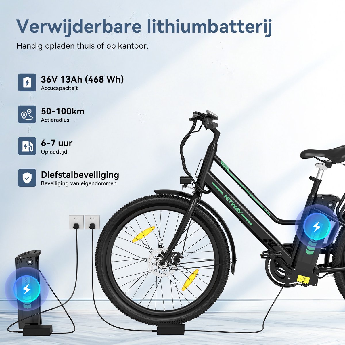 Hitway Elektrische Fiets BK8SL - Trendy 27.5 Inch City Commuter EBike met Afneembare 36V 13Ah Lithium Batterij - Mountain E-Bike met 250W Motor - Damesfiets met App Bediening - IP54 Waterdicht – foto 3