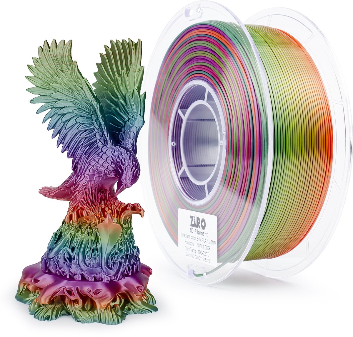 ZIRO Silk PLA Filament 1.75mm – 1KG – Rainbow – Dynamische Satijn Regenboog Kleurenoverloop – 3D Printer Filament