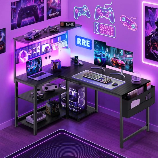 Gaming Bureau L-vorm - Hoekbureau Computerbureau - Thuiswerken Gamers - Met LED Stopcontact - 120 x 80 cm - Koolstofvezel Zwart — afbeelding 5