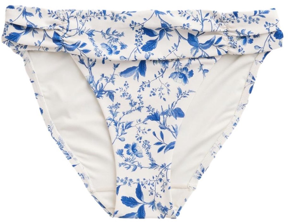 Next Dames - Bikinibroekje met ruches aan de zijkant en hoge beenuitsnijding - Crème Cream/Blue Ditsy Floral