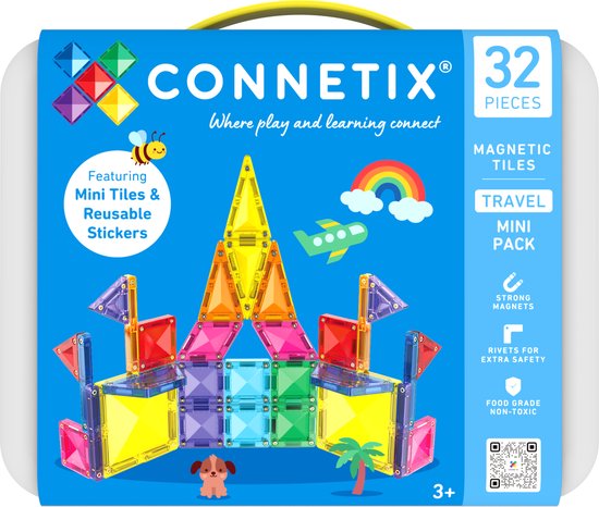 Emballage du Connetix Travel Mini Pack avec 32 tuiles magnétiques, montrant un château, une abeille et un papillon.