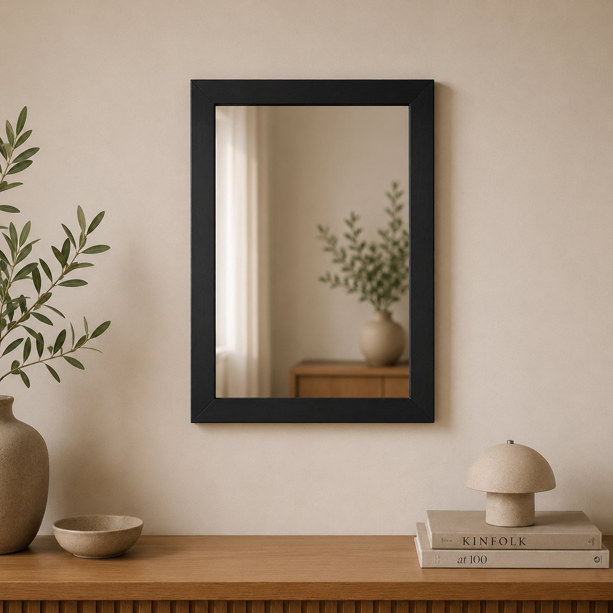 WoonWonder Spiegel Rechthoekig 45x35 cm – Zwart Kunststof – Moderne Industrieel Wandspiegel voor Woonkamer, Hal, Badkamer & Slaapkamer
