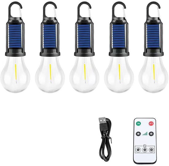 Op zonne-energie werkende, oplaadbare campinglamp, 5 hangende LED-lampjes, USB-C opladen, IPX4 waterdicht, inclusief afstandsbediening, warm wit licht. — afbeelding 3