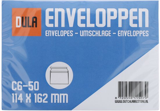 Een verpakking met 50 witte DULA C6 enveloppen, 114 x 162 mm.