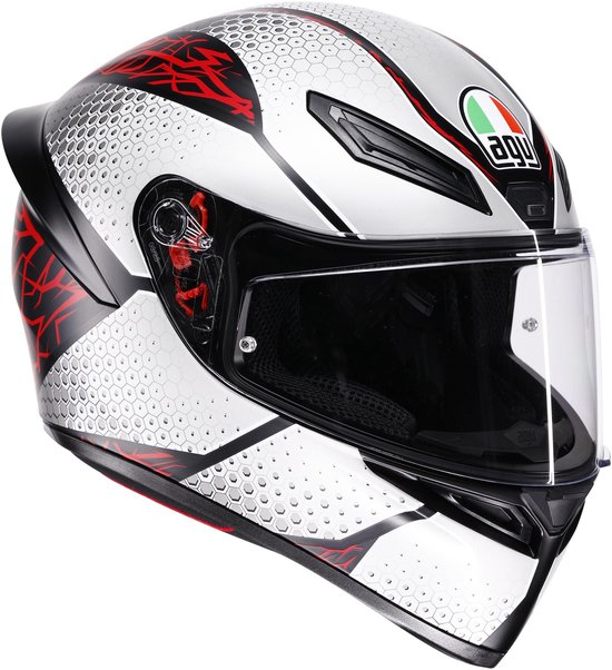 AGV K1 S Speedarmor helm met zilver, zwart en rood, zijaanzicht.
