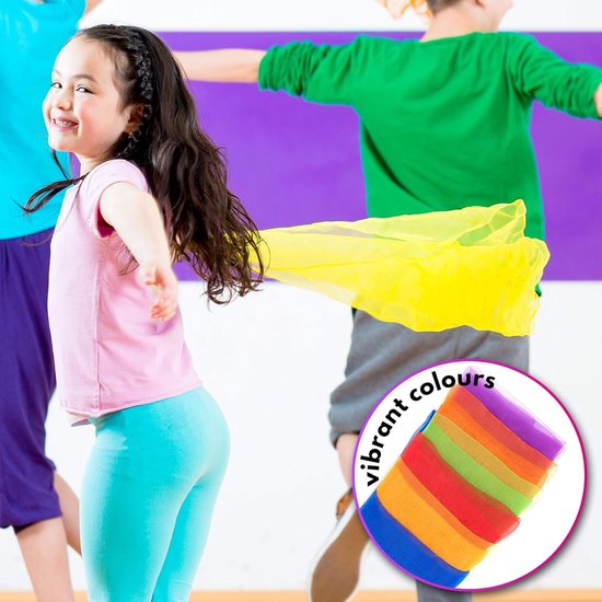 Multikleurige dansdoeken voor baby's - sensorische zijden doeken voor kinderen - linten voor baby's, ideaal voor dans, gymnastiek en magische accessoires, set van 32 - 60x60cm. — afbeelding 3