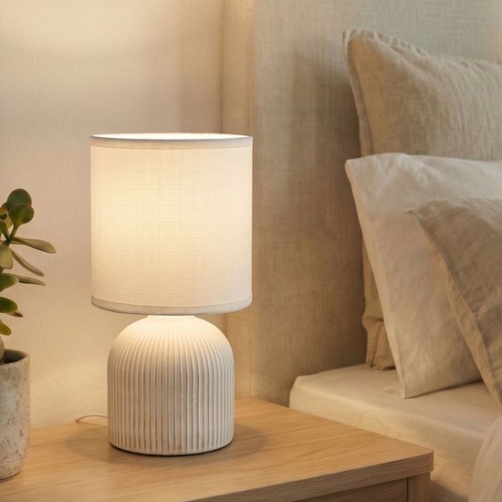 BRILONER Ino - Tafellamp slaapkamer - met stoffen kap & keramiek voet - bedlamp - tafellampje - Ø15cm x 28 cm - wit
