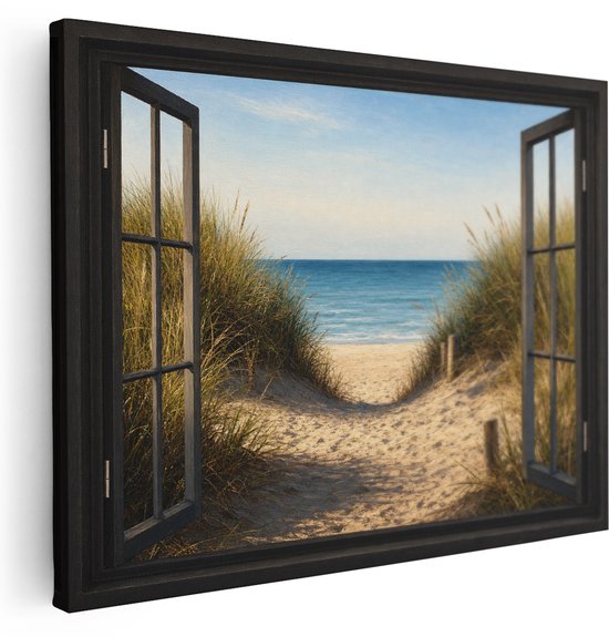 Gros plan d'une peinture montrant une fenêtre ouverte sur un sentier de plage à travers l'herbe de dune menant à la mer bleue.