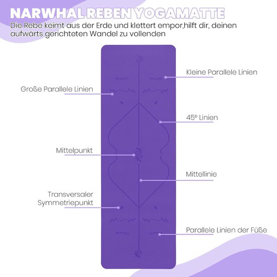 Yogamat met Lijnen - Sportmat Fitnessmat - Yoga en Pilates - Precisie Uitlijning Systeem - 183 x 61 cm - Lila van Yogamat — afbeelding 2