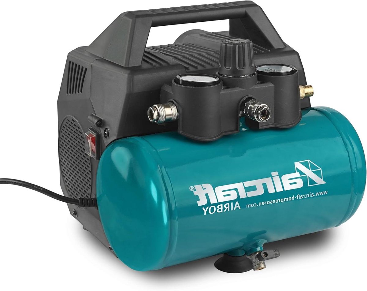 Olieloze Zuigercompressor - Compacte Compressor - Klusjes Thuis - Drie Zuignappen - 6 Liter Tank - Grijs