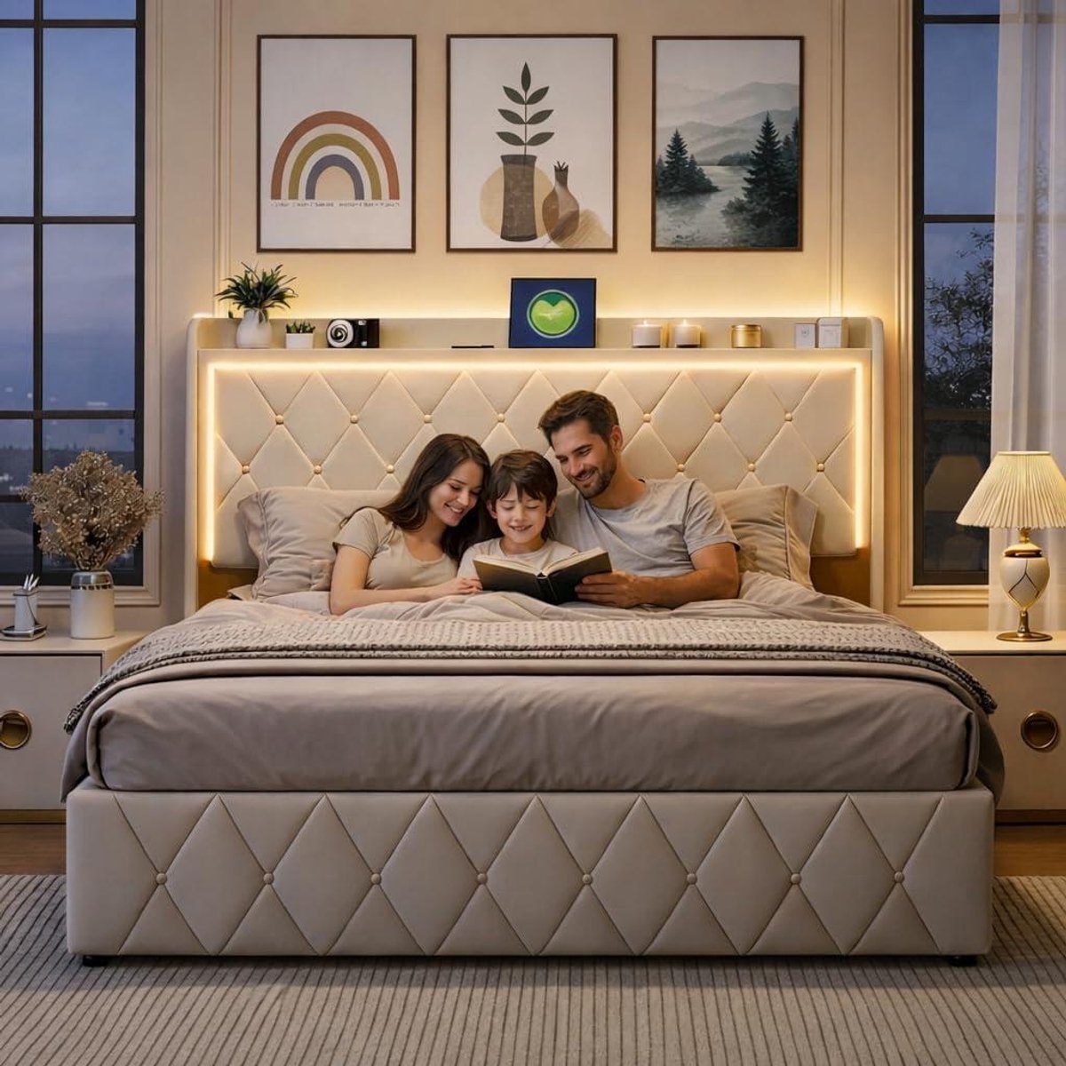 Upholstered Bed - Dubbel Bed Velvet Bed - Slaapkamer Inrichten - Geïntegreerde USB Poorten - 140 x 200 cm - Beige