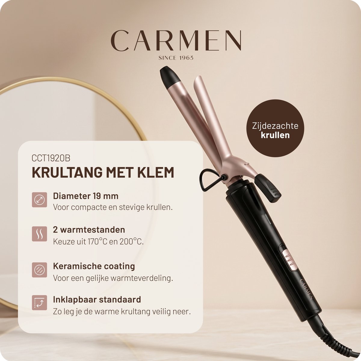 Carmen CCT1920B - Krultang met klem - Haarkruller - Diameter 19 mm - 2 warmtestanden - Keramische coating thumbnail 2
