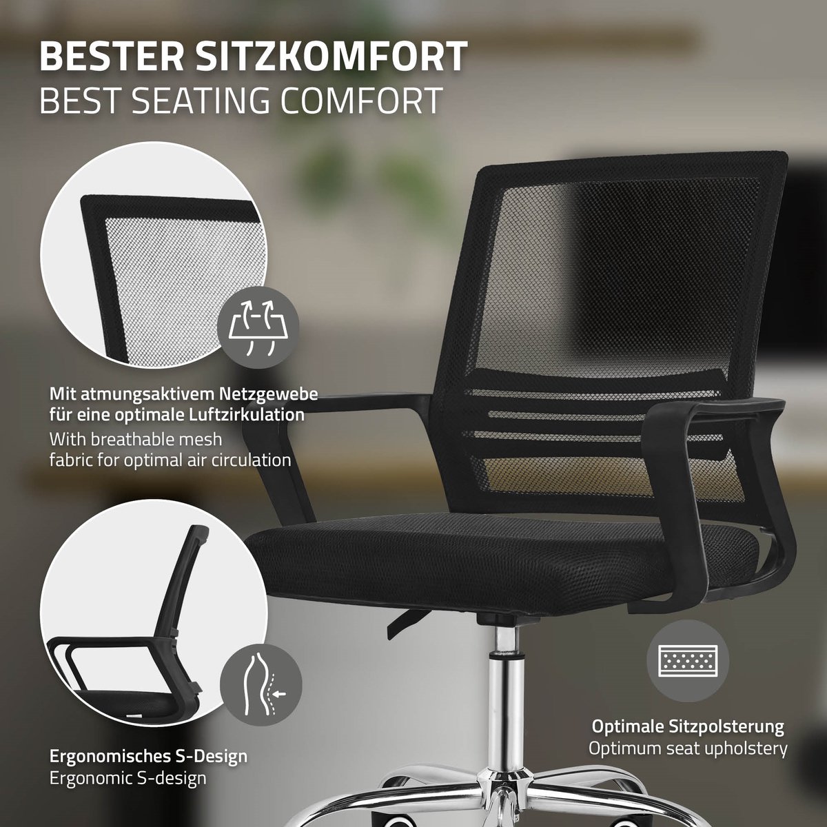 Ergonomische bureaustoel, zwart, in hoogte verstelbare bureaustoel met armleuningen, wielen, computerstoel 360° draaibare stoel gaming stoel ML-Design thumbnail 3