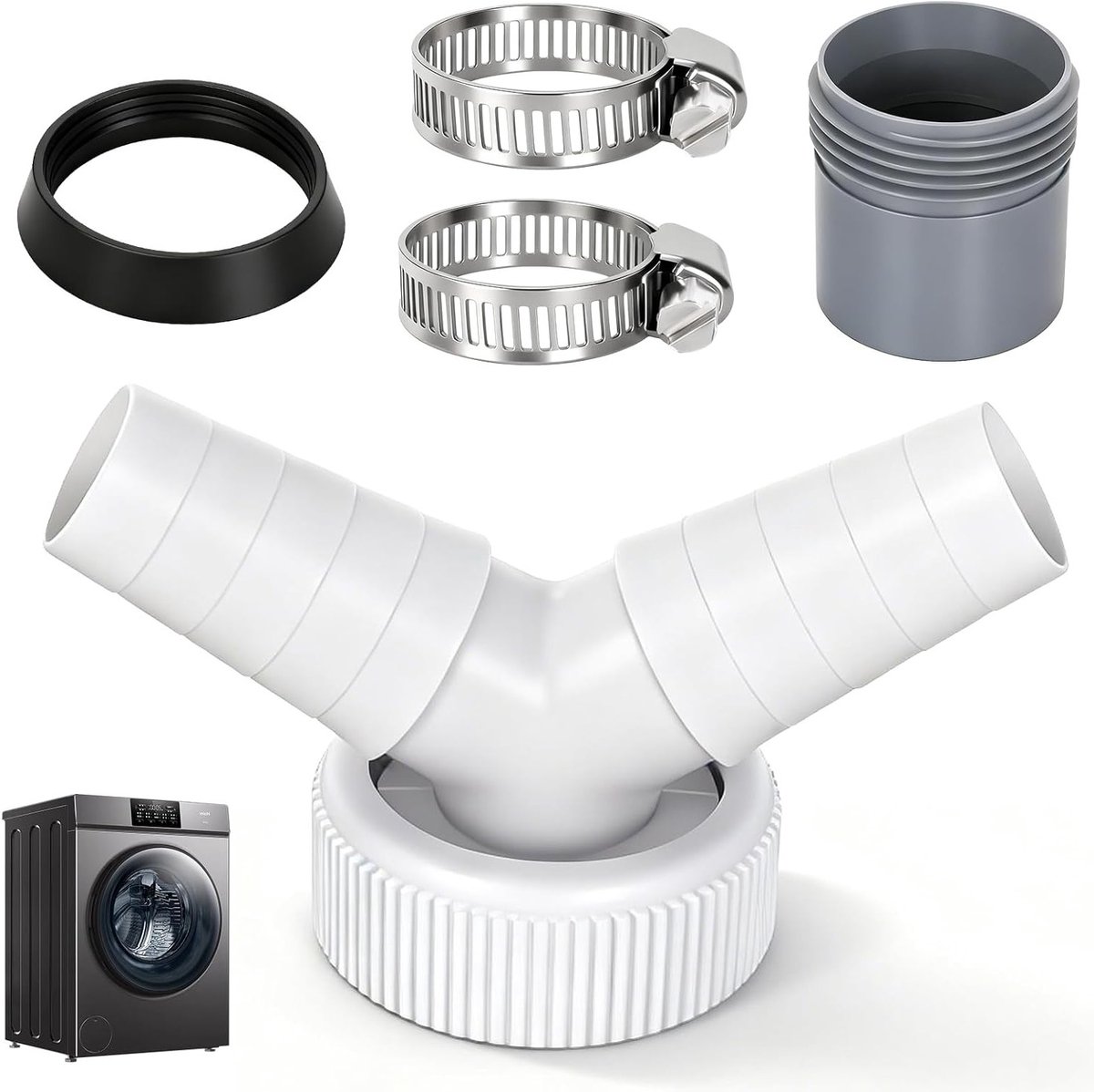 Dubbele Y-adapter voor wasmachine en vaatwasser, ingangsaansluiting 19-24 mm, inclusief slangklem en waterdicht ontwerp