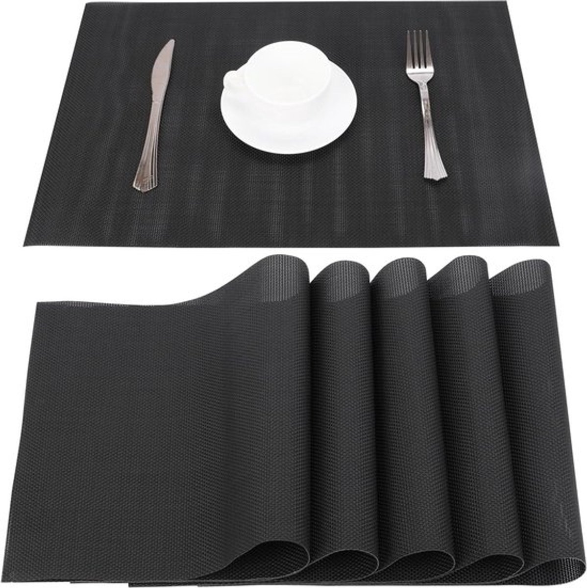 Set van 6 Zwarte, Antislip PVC Tafelloper Matten - Hittebestendig en Afwasbaar