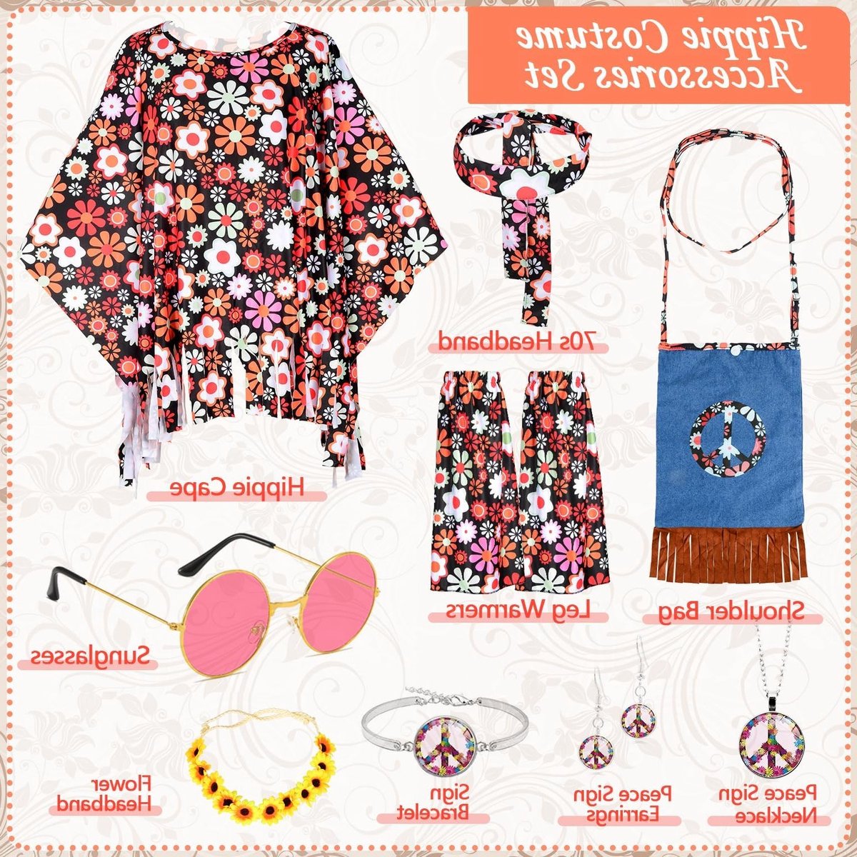 Vrouwelijk 9-delig Hippie Kostuum met Cape, Haarband, Bloemen, Schoudertas en Zonnebril voor 70s Feest en Carnaval
