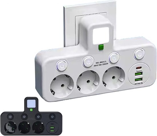 Witte stekkerdoos met 3 stopcontacten, 2 USB-poorten en 1 USB-C-poort, aangesloten op een stopcontact.