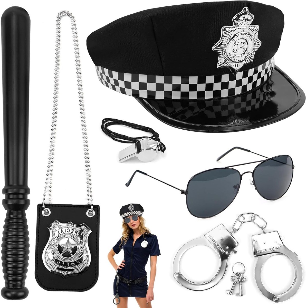 Set van 6 Politie Kostuums voor Verkleedpartijen, inclusief Politiehats, Handboeien en Accessoires voor Mannen en Vrouwen, Perfect voor Halloween en Carnaval