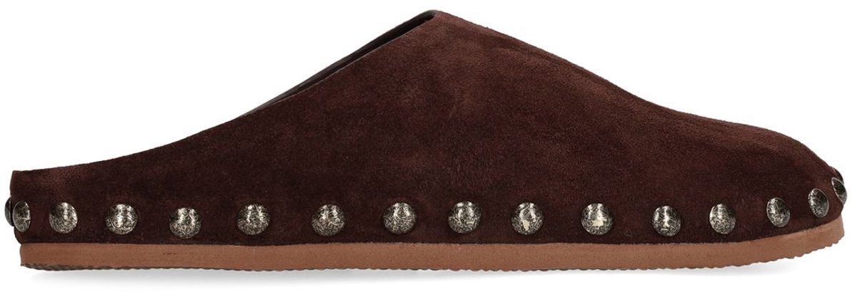 Sacha - Dames - Donkerbruine suède clogs met studs - Maat 41