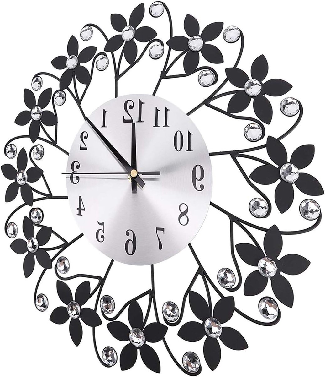 Ronde Bloemvormige Wandklok van Metaal, Zwart Aluminium, Geluidsloos, Perfect voor Thuis, Kantoor en Keuken, 14,5 Inch Decoratie