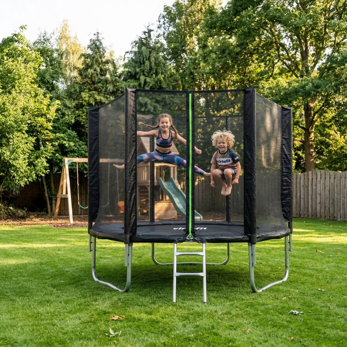 VirtuFit Trampoline met Veiligheidsnet - 251 cm - Inclusief Gratis Trap - Extra Veilig - UV- en Weerbestendig - Voor Kinderen en Volwassenen - Zwart – foto 3