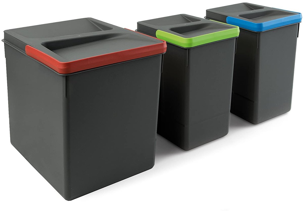 Dailygoody - Recyclingcontainers - Afvalscheiding - 3-in-1 systeem - Antraciet grijs - Keukenoplossing - 29 Liter - Geschikt voor keuken - Antraciet