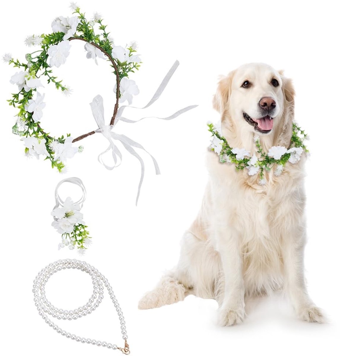 Dailygoody - Hond bruiloft halsband - Bruiloft kraag - Luxe parel riem - Geschikt voor honden - Bloem kroon - Voor bruiloft en verloving