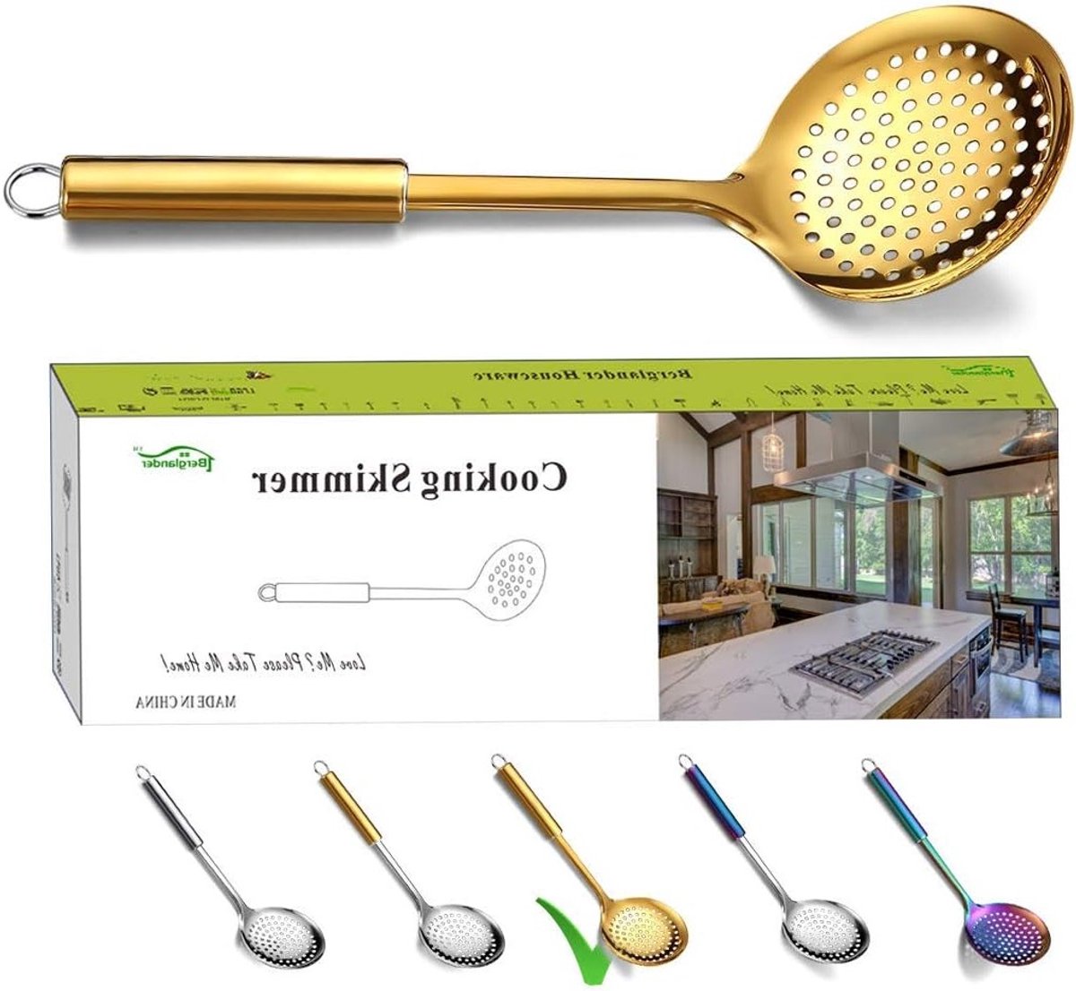 RVS Gouden Skimmer voor Koken, Titanium Coating, Geperforeerde Lepel, Ideaal voor Het Afschenken van Vetten en Olie, Keukenaccessoire voor Kookliefhebbers