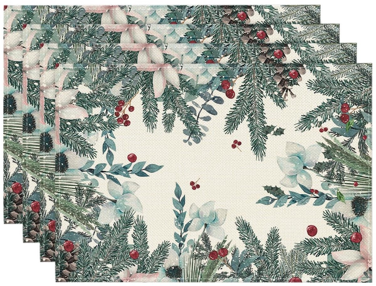 Dailygoody - Kerstplacemats - Set van 4 - Wasbaar en duurzaam - 30 x 45 cm - Eucalyptus kleur - Feestdecoratie - Keukenaccessoire