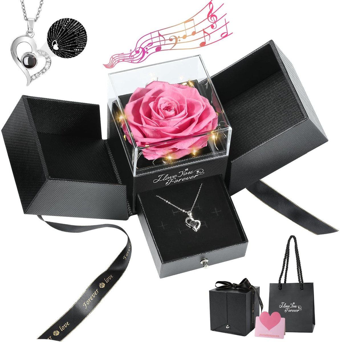 Dailygoody - Preserved Rose - S925 Sterling Silver Necklace - Romantisch Geschenk - Roze Roos - Muziekdoos met Lichten - Geschikt voor Vrouwen - Moder