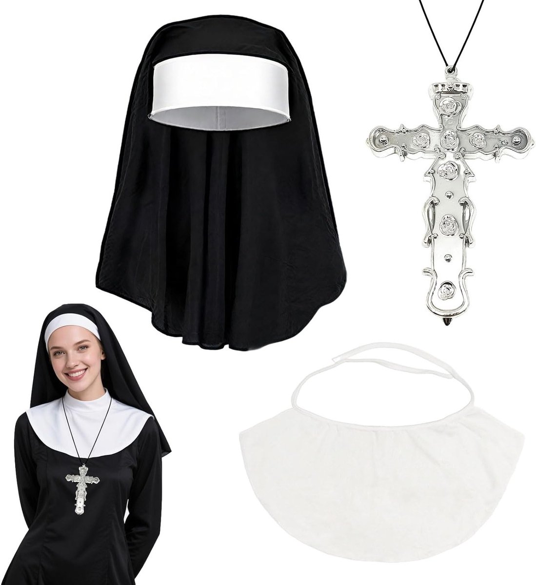 3-delige Halloween Nonnen Kostuums voor Vrouwen met Hoofdbedekking, Kruis Ketting en Accessoires voor Cosplay en Feestjes