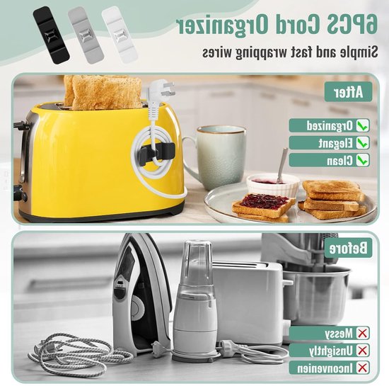 6 Kabelorganizers voor Keukenapparatuur, Zelfklevende Kabelhouders, Kabelwinder voor Koffiezetter, Mixer en Juicer, Ruim je Kabels Op en Vermijd Rommel van Merkloos — afbeelding 2
