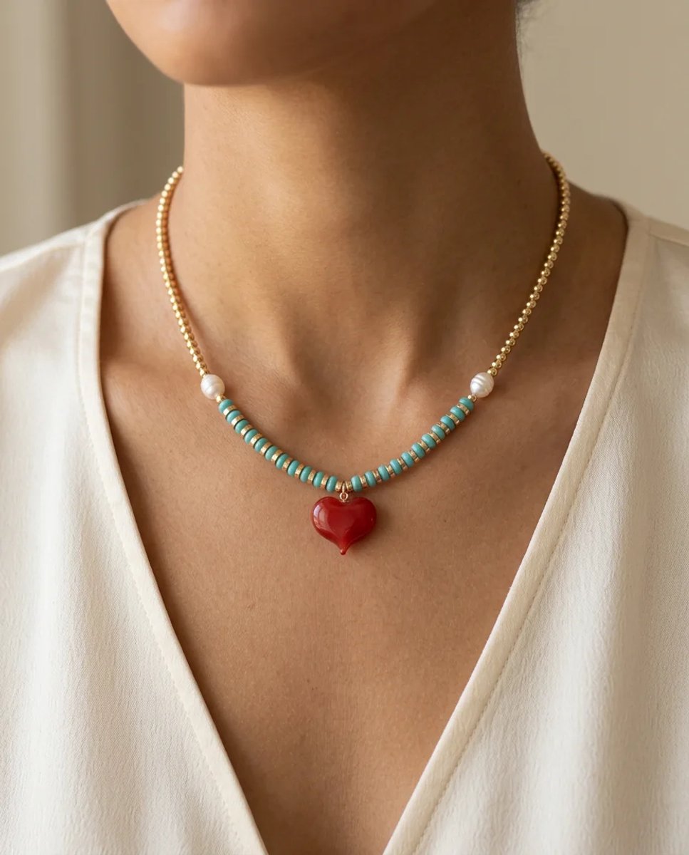 Dorvina met Bedel Dames Ketting Boncuk Ketting Blauw en Goudkleurig Hart