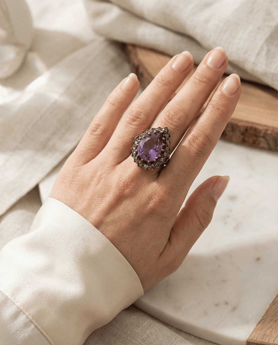 Dorvina Bronzen Sieraad Authentiek Paars Kleur Kristal Steen Damla Kesim Hurrem Model Vintage Dames Ring
