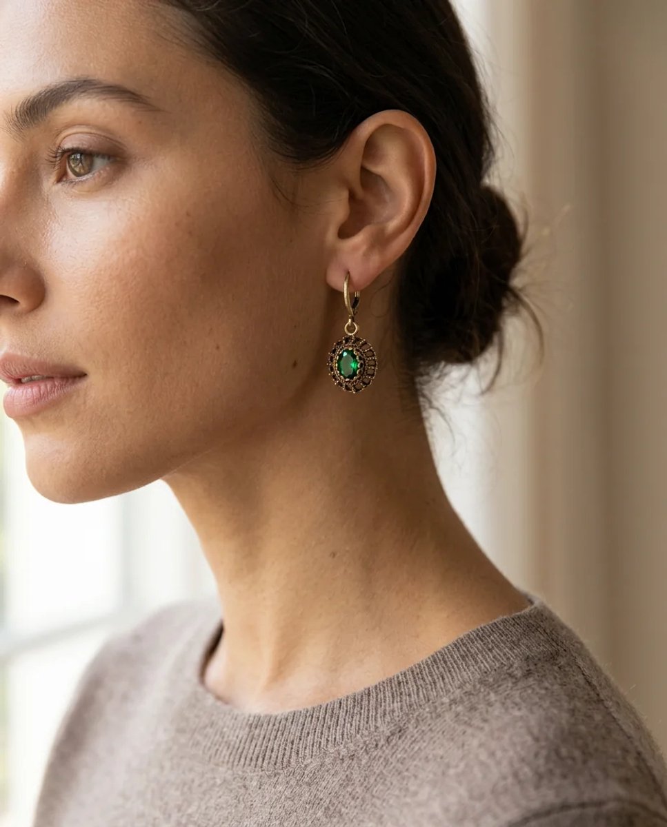 Dorvina Bronzen Oorbellen Authentiek Sieraad Groen Smaragd Kristal Steen Ovaal Dantel Model Vintage Dames Oorbellen