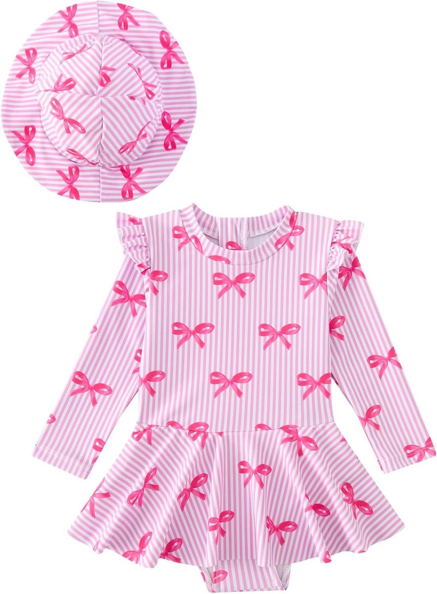 SnelShoppen - Baby Meisjes Zwempak met Zonnehoed, Lange Mouwen, Eendelig Zwempak met Rits, UV Zwemkleding voor Kinderen 6 Maanden - 3 Jaar