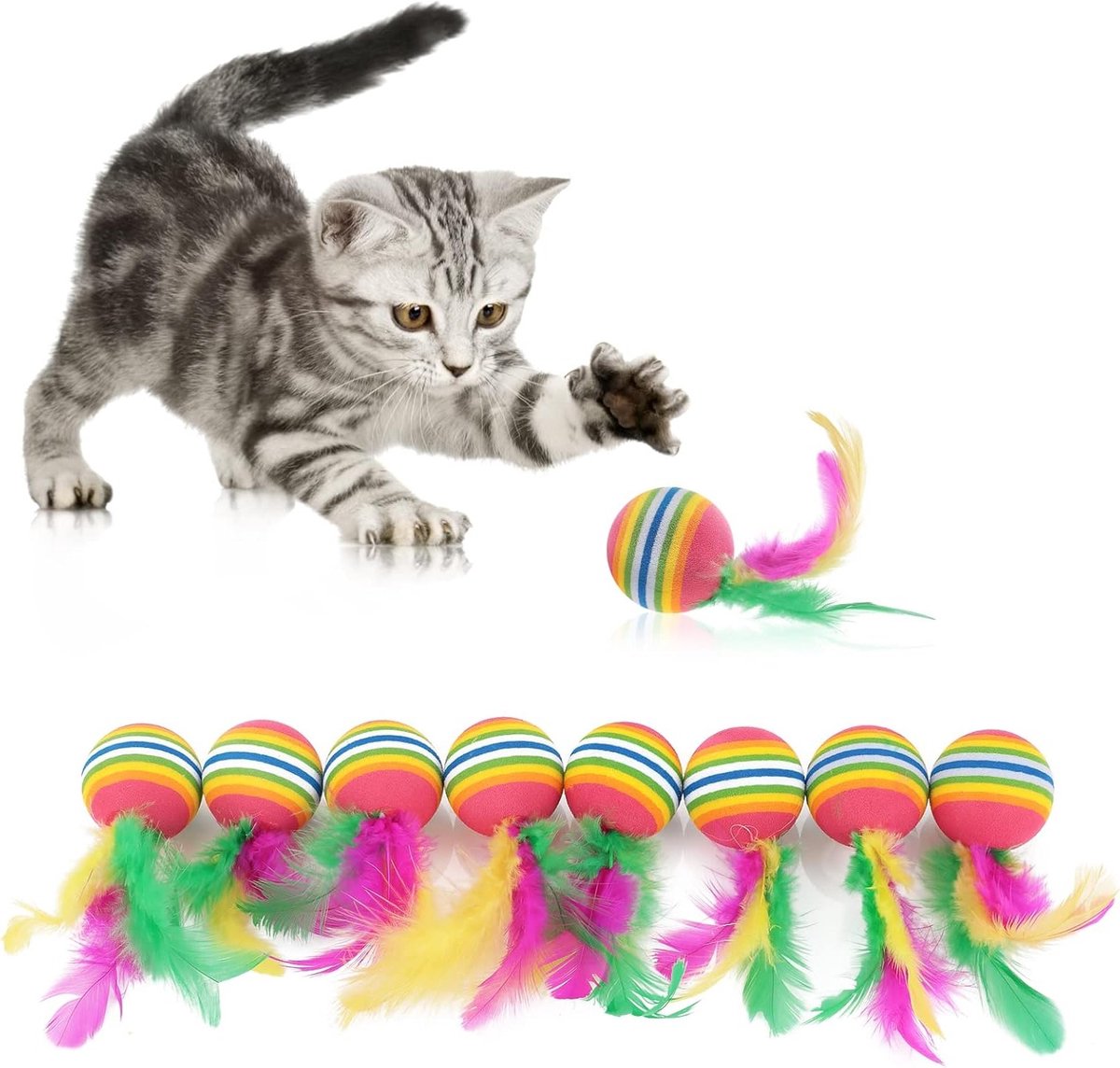 Kleurige kattenballen met veren, 8 stuks, interactieve speeltjes voor kittens, perfect voor training en jagen binnenshuis en buitenshuis